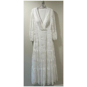 NWT, MERRY'S Lace Tiered Maxi V-Neck Surplice Wedding Gown, White - 14